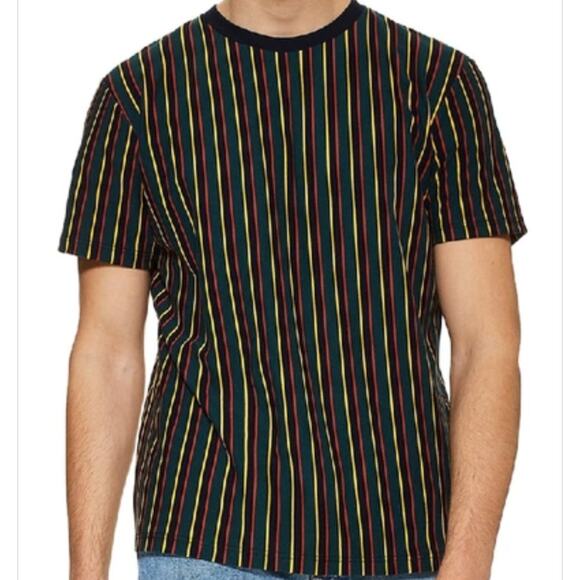 TOPMAN Frank T-shirt 90s Retro Crew Neck Striped Navy Blue Multi Large - Picture 1 of 5